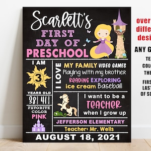Princess First day of school sign printable, girl back to school chalkboard, 1st day of preschool, kindergarten, pre-k, digital Any grade