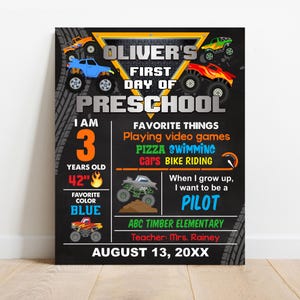 EDITABLE Monster Truck First or Last day of school sign, Any Grade Kindergarten Preschool Chalkboard, Digital Printable Corjl Template S097