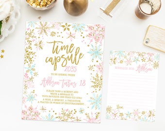 Time capsule first birthday, winter onederland first birthday party, blue pink and gold party decoration, snowflakes printable print