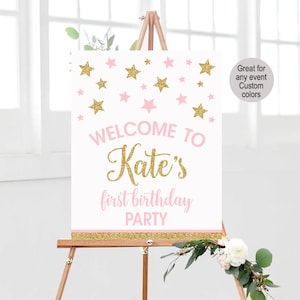 Twinkle twinkle little star welcome sign printable, first birthday party welcome sign, pink and gold girl baby shower, gender reveal party