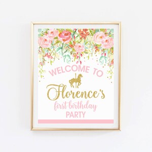 Carousel welcome sign printable, first birthday party welcome sign, baby shower welcome sign, watercolor flowers, printable print No. 003