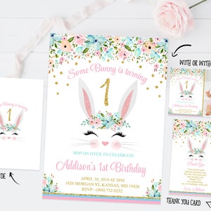 Any Age Some bunny is one uitnodiging, roze en gouden konijnenverjaardagsuitnodiging, bloemen eerste verjaardagsuitnodiging, bedankkaart konijntje 008