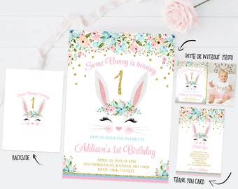 Any Age Some bunny is one invitation, Pink and gold bunny birthday invitation, floral first birthday invite, bunny face thank you card 008