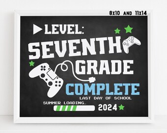 Gamer Last day of 7th grade sign printable, End of school year photo prop 2024, Video game chalkboard poster, Digital file Instant download