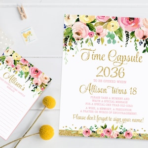 Cápsula do tempo floral primeiro aniversário placa e cartão de mensagem, festa de primeiro aniversário rosa e dourado, flores em aquarela, impressão para impressão 009