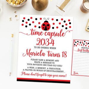 Bordje eerste verjaardag lieveheersbeestje tijdcapsule, verjaardagsfeestje lieveheersbeestje, rode en zwarte stippen, afdrukbare afdruk