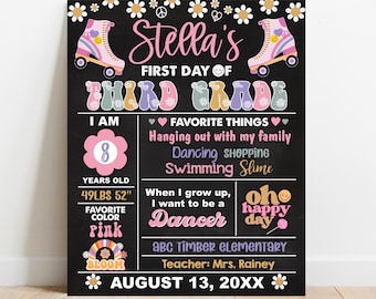 EDITABLE Groovy First or Last day of school sign, Roller skate Any Grade Kindergarten Preschool photo prop, Digital Printable Template S134