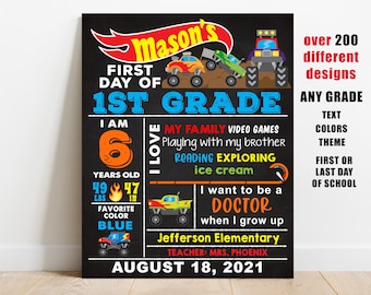 Monster Truck First day of school sign printable, boy back to school chalkboard, preschool, kindergarten, pre-k, 1st 2nd 3rd any grade, cars