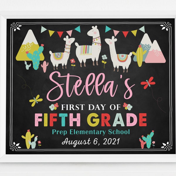 Llama First day of school sign printable, girl back to school chalkboard, pre-k, kindergarten, preschool, 1st 2nd 3rd 4th 5th 6 7 grade