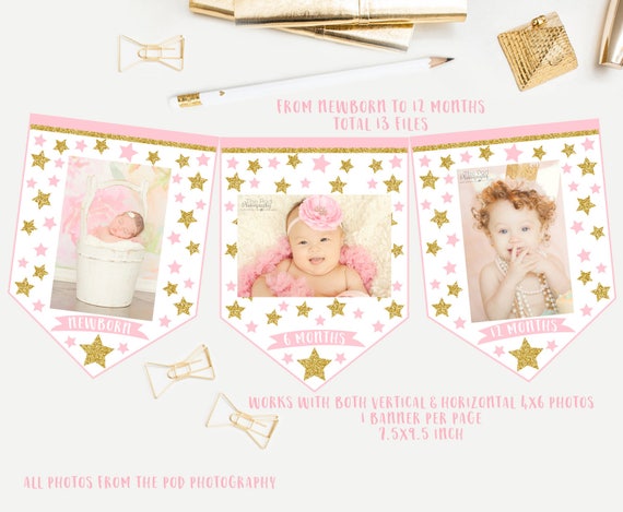 light pink and gold birthday party bunting printable print happy birthday banner Twinkle twinkle little star First birthday banner