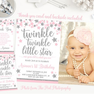 Twinkle twinkle little star first birthday invitation, Pink and gold girl 1st birthday invite, thank you card, photo invitation image 4