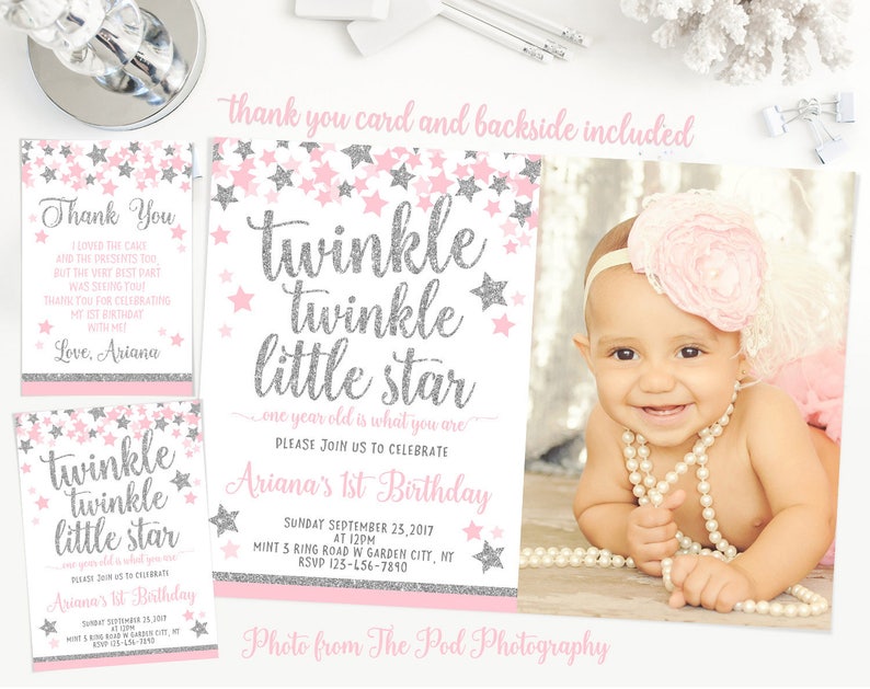 Twinkle twinkle little star first birthday invitation, Pink and gold girl 1st birthday invite, thank you card, photo invitation image 4