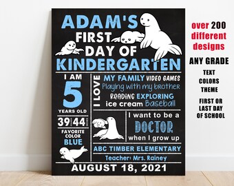 White seal First day of school sign printable, back to school chalkboard, Kindergarten, Pre-k, 1st 2nd 3rd 4th 5th grade Photo prop, digital