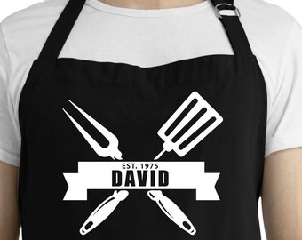 Delantal de cocina personalizado para barbacoa con parrilla para hombre impreso con su nombre y año de nacimiento: excelente idea de regalo para el Día del Padre en varios colores disponibles