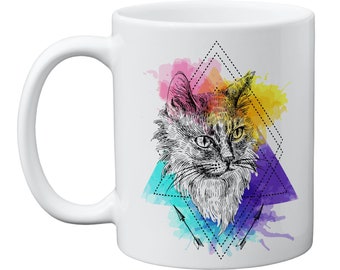 Watercolour Geometric Design Cat  Mug Printed On A High Quality Ceramic 11oz Coffee Tea Mug Great Gift For Any Cat Mum or dad this Christmas