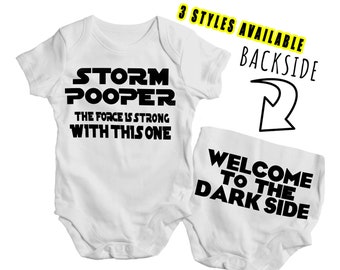 Cute Double Sided Star Wars Onesie "Storm Pooper Welcome To The Dark Side" babygrow Comes In Multiple Sizes Newborn to 2 years - storm poop