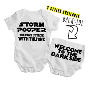 Cute Double Sided Star Wars Onesie "Storm Pooper Welcome To The Dark Side" babygrow Comes In Multiple Sizes Newborn to 2 years - storm poop