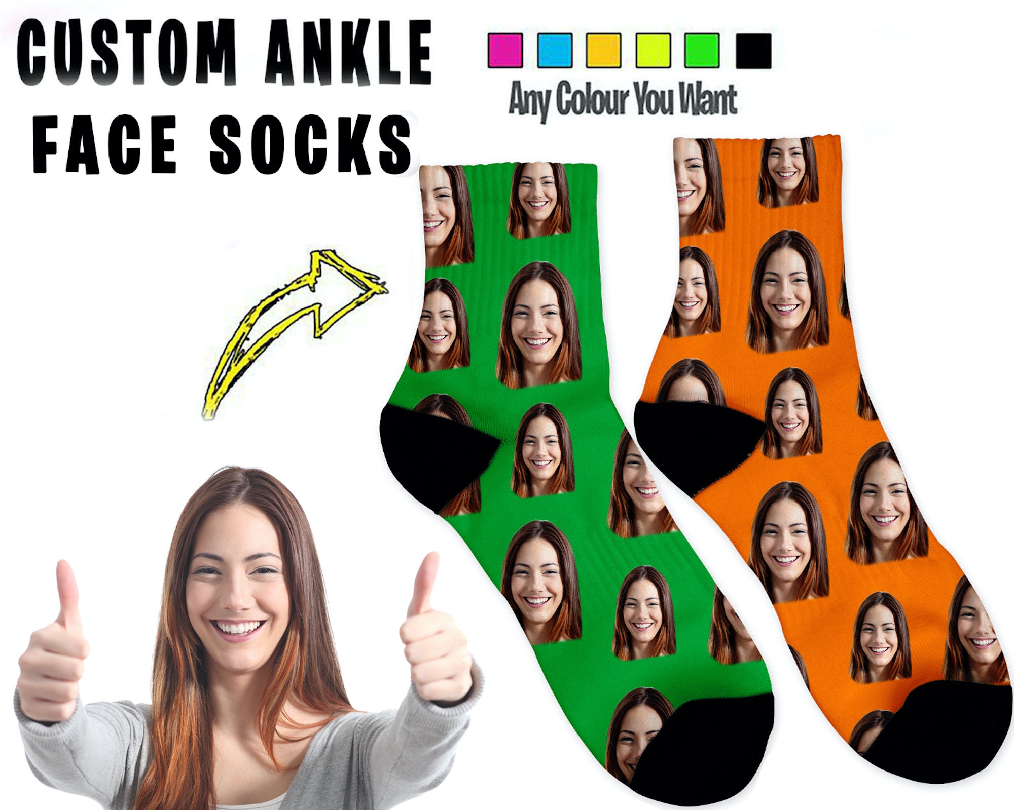 Custom Face Four Inch High Ankle Socks  Printed With Loved Ones Face Make A Fantastic Unique Personalised Gift