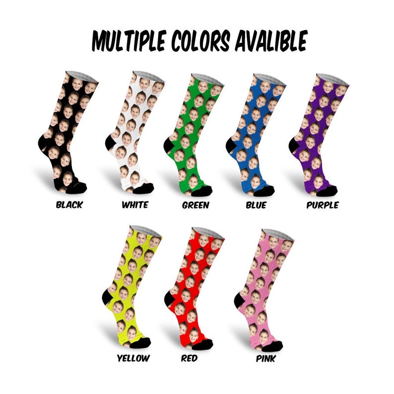 May include: Multiple colors of socks with a face printed on them. The colors are black, white, green, blue, purple, yellow, red, and pink. "MULTIPLE COLORS AVAILABLE" is written at the top of the image.