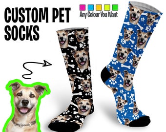 Los calcetines personalizados con estampado de cara de mascota son un gran regalo para cualquier dueño de perro o gato. Varios colores disponibles.