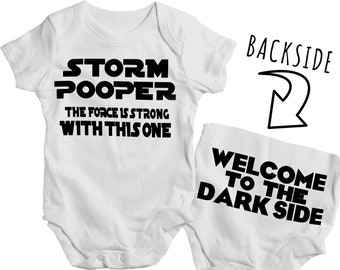 Cute Double Sided Star Wars Onesie "Storm Pooper Welcome To The Dark Side" babygrow Comes In Multiple Sizes Newborn to 2 years - storm poop
