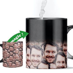 May include: A black magic mug with a photo of a man's face on it. The mug changes to reveal the photo when hot liquid is poured into it. The text "magic!" is written on an arrow pointing to the mug.