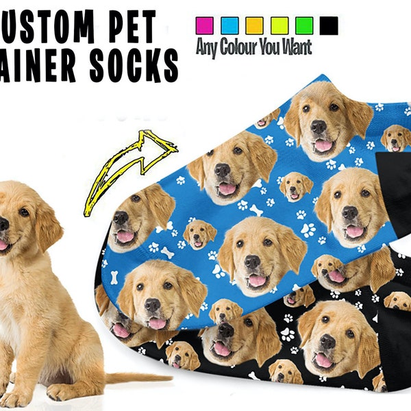 Personalised Pet Face Printed Ankle Trainer Socks Make A Great Gift For Any Dog Or Cat Owner Multiple Colours Available