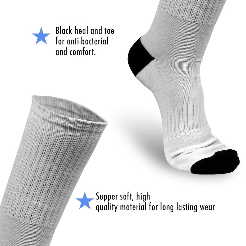 May include: White crew socks with black heel and toe. The socks are made of soft, high-quality material. "Black heal and toe for anti-bacterial and comfort." and "Supper soft, high quality material for long lasting wear" are written on the image.