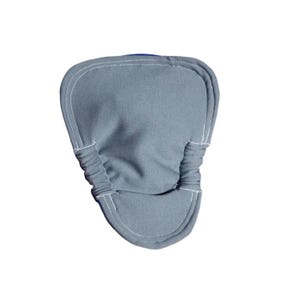 May include: A gray, fabric diaper cover with white stitching. The cover has an elasticized waist and leg openings. The diaper cover is designed to be worn over a cloth diaper.