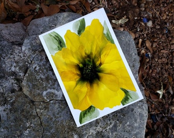 Hand Painted, Hand Made Yellow Flower Blank Card, Alcohol Ink and Acrylic ink card.  4x6 inch with envelope.