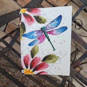 Watercolor Dragonfly Flower Hand Painted Handmade Greeting Card, Thank you, Birthday, Sympathy, Get well Blank Card