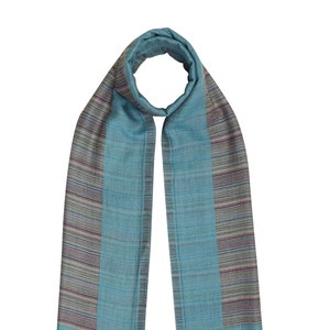 Women's Luxurious Blue Reversible Silk Wool Scarf With Multicoloured Stripes