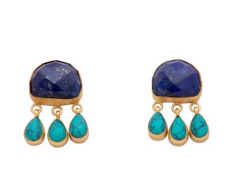 Handmade Lapis Lazuli & Turquoise Drop Earrings: 18K Gold Plated