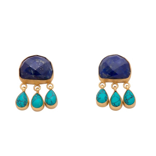 Beautiful Handmade Vintage Look Lapis Lazuli & Turquoise Faceted Gem Stone 18K Gold Plated Drop Earrings