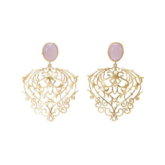 Boucles D'oreilles Anciennes Quartz Rose Plaqué Or - Pendantes, Occasion