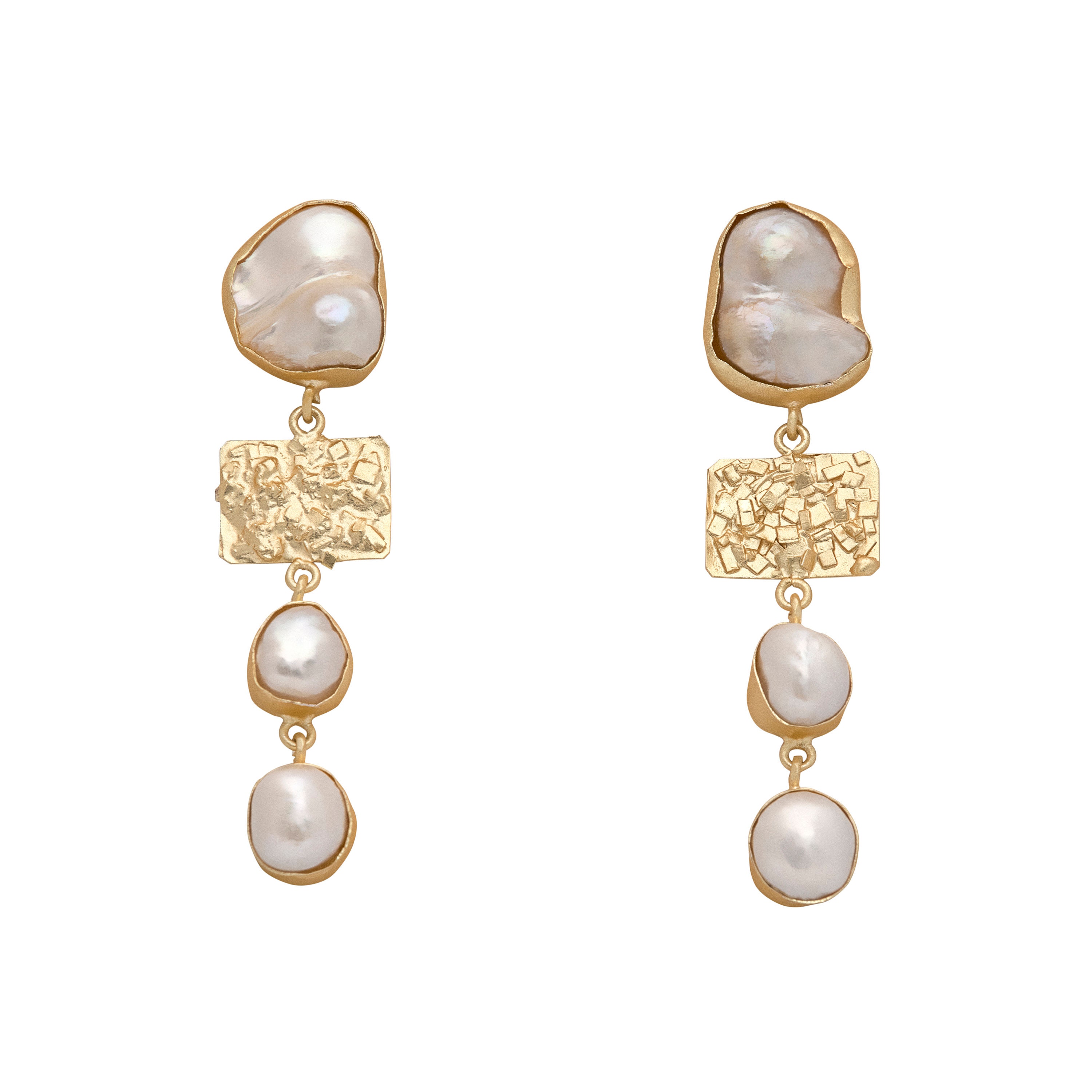18k Gold Plated Baroque Pearl Drop Earrings: Hand Beaten Gold Top
