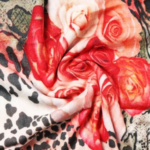 Warm Soft Women&#39;s Silk Wool Scarf With Rose & Leopard Print