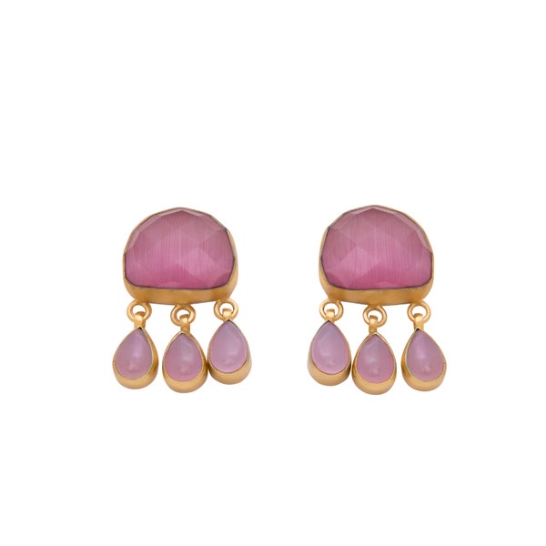 Beautiful Handmade Faceted Pink Agate Gem Stone 18K Gold Plated Drop & Dangle Earrings