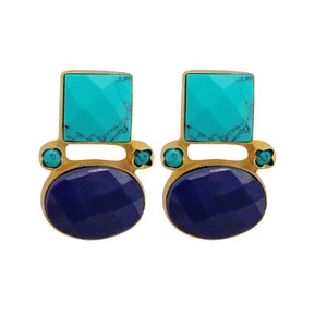 Bellissimi orecchini fatti a mano in stile vintage con turchese e lapislazzuli, placcati in oro 18k, piccoli