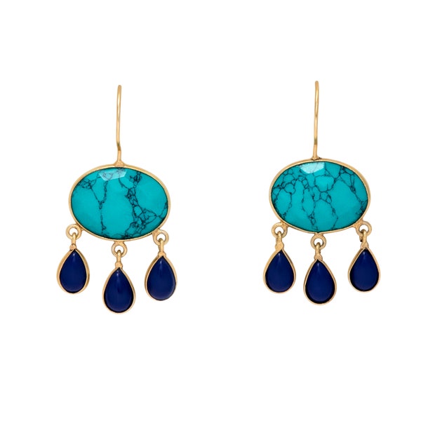 Beautiful Handmade Vintage Look Turquoise & Lapis Lazuli Faceted Gem Stone 18K Gold Plated Drop Earrings
