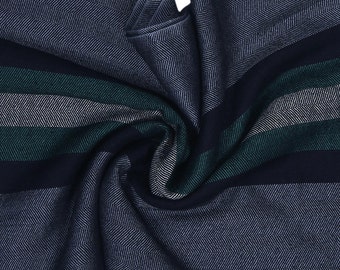 Luxurious Soft Men's Herringbone Navy Blue Wool Silk Scarf With Green Stripe Detail