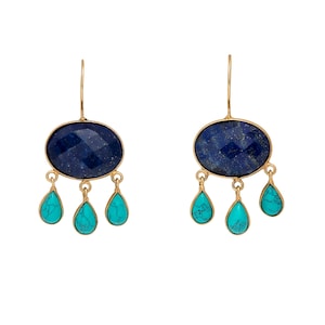 May include: Gold dangle earrings with a large oval lapis lazuli stone and three smaller turquoise teardrop stones.