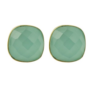 Pretty Handmade Aqua Chalcedony Cushion Cut 18k Gold Plated on Sterling Silver Stud Earrings