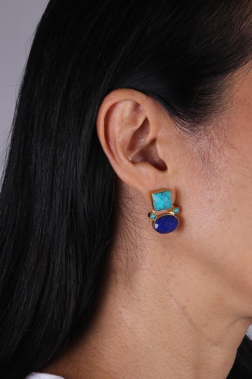Orecchini In Oro Bianco 18 Kt Con Turchese E Diamanti - Compro Oro E