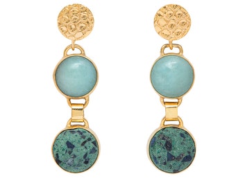 May include: Gold dangle earrings with three round stones. The top stone is light blue, the middle stone is gold, and the bottom stone is a dark green with flecks of gold.