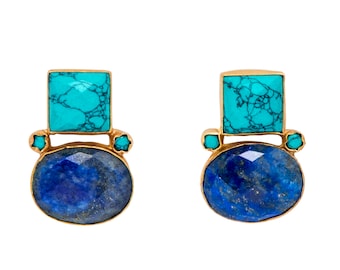 Beautiful Handmade Vintage Look Turquoise & Lapis Lazuli 18k Gold Plated Earrings
