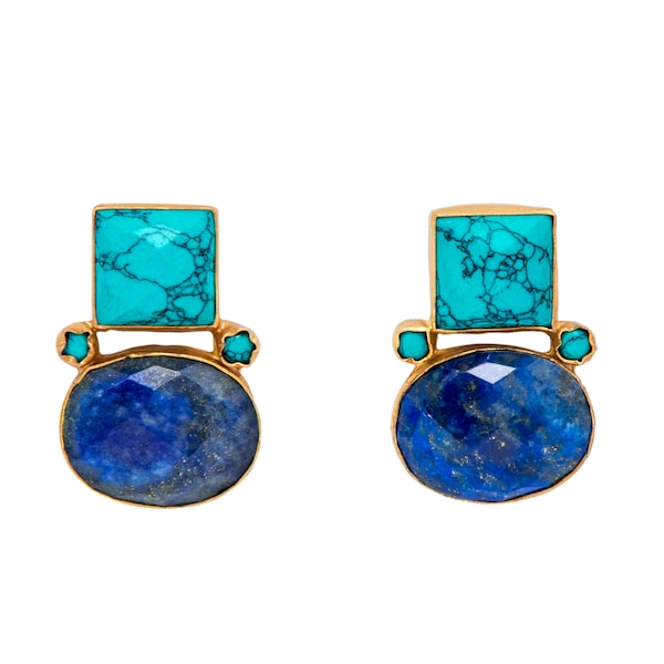 Beautiful Handmade Vintage Look Turquoise & Lapis Lazuli 18k Gold Plated Earrings