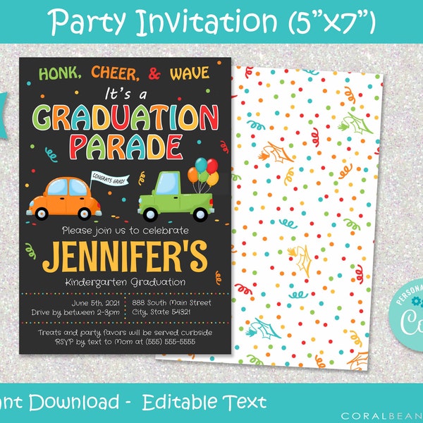 Child's Graduation Party Invitation Template Editable Printable , Drive By Parade, Drive Through, INSTANT DOWNLOAD