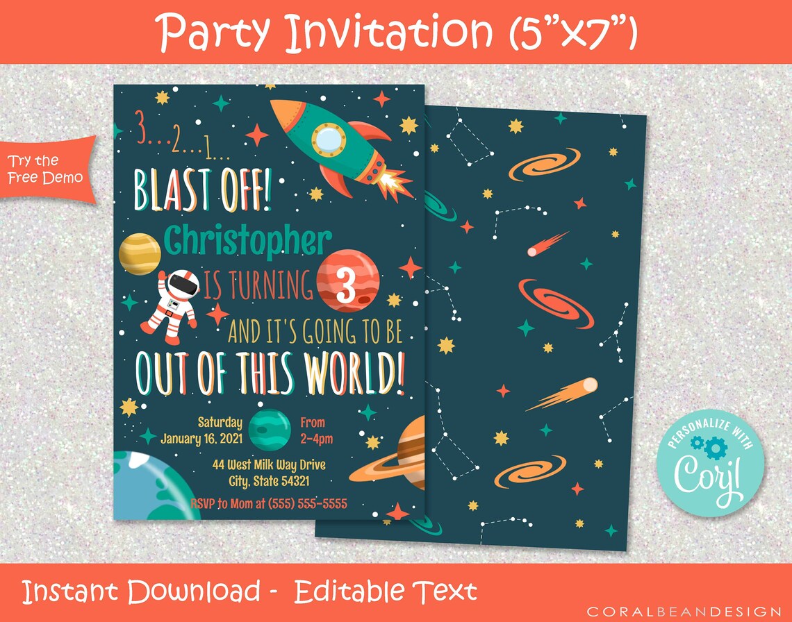 Outer Space Theme Editable Printable Birthday Party Invitation - Etsy