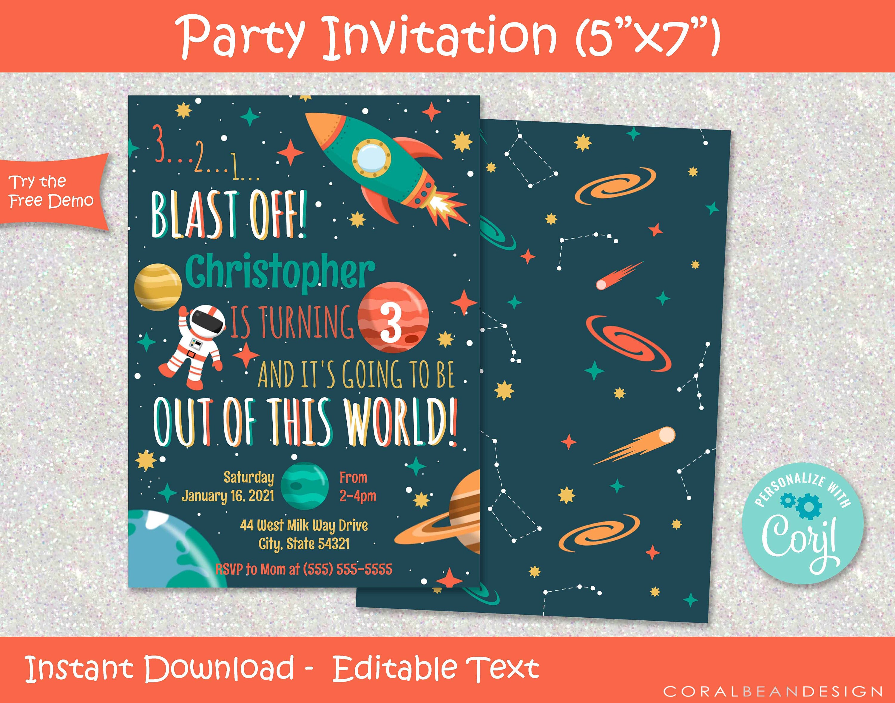 Outer Space Theme Editable Printable Birthday Party Invitation - Etsy